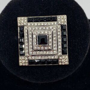 Vintage Silver Tone Square Rhombus Onyx Rhinestone Brooch Pin